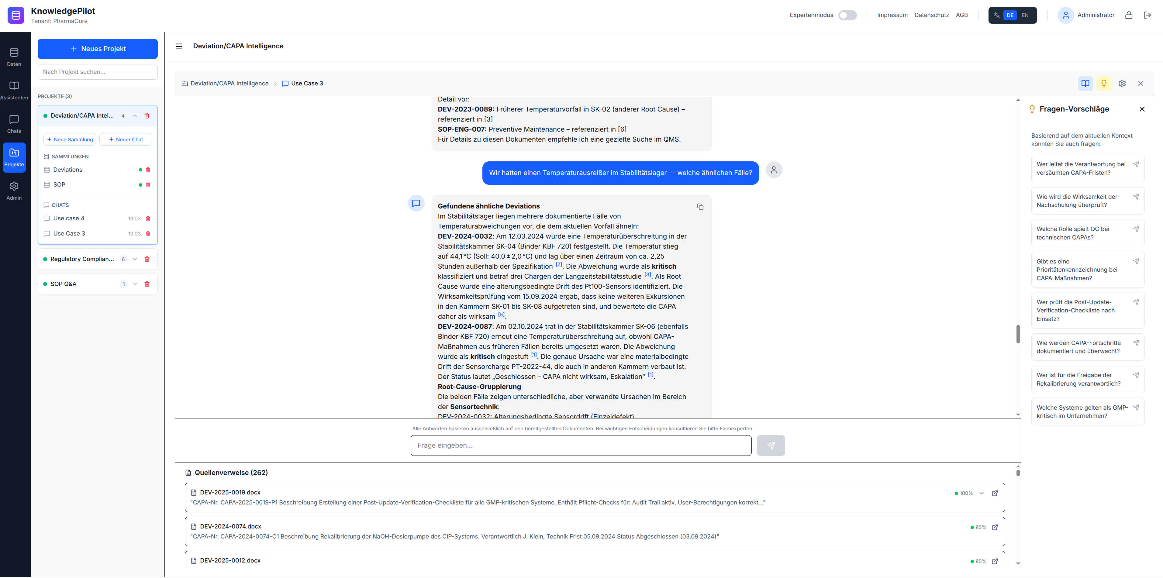 KnowledgePilot Anwendung: Chat-Oberfläche mit Quellenverweisen